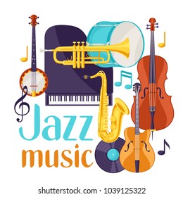Jazz music festival background with musical instruments.