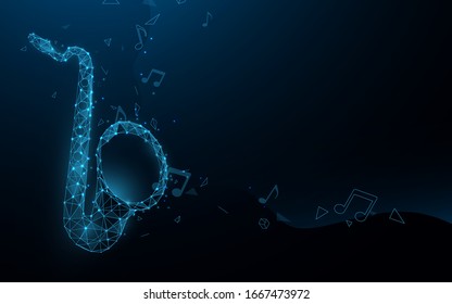 Jazz music festival banner poster.  Saxophone with notes form lines, triangles and particle style design