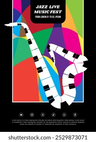 Cartaz de banner de festival de música jazz 
Vetor de ilustração de panfleto
Fundo de mosaico colorido, Silhueta de sax, saxofone, piano criativo
Design plano, estilo de desenho animado, cores vibrantes