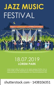 Jazz music festival brochure template. Night retro concert in park flyer, booklet, leaflet concept with flat illustrations. Vector page layout for magazine. advertising invitation with text space