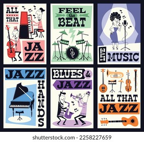 Jazz music festival cards. Funny artists with different instruments, invitational concert posters, live music party time, modern cartoon characters, concert advertising tidy vector set