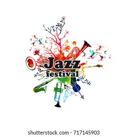 Jazz music festival colorful banner with instruments. Jazz festival words with saxophone, trumpet, violoncello, guitar, euphonium and double bell euphonium isolated vector illustration
