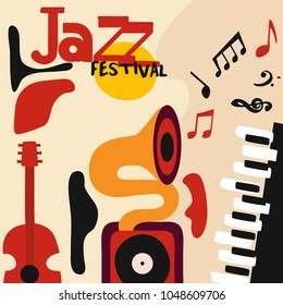 Jazz music festival colorful poster with music instruments. Gramophone, guitar and piano with music notes flat vector illustration. Jazz concert