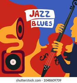 Jazz music festival colorful poster with music instruments. Gramophone and violoncello player flat vector illustration. Jazz concert