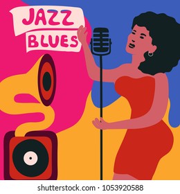 Jazz music festival colorful poster with gramophone and woman singer. Female singer with gramophone flat vector illustration. Jazz concert