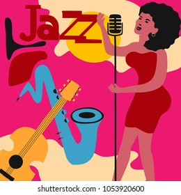 Jazz music festival colorful poster with music instruments and woman singer. Female singer with guitar and saxophone flat vector illustration. Jazz concert
