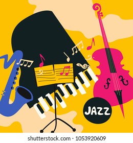 Jazz music festival colorful poster with music instruments. Saxophone, violoncello, piano and music stand flat vector illustration. Jazz concert