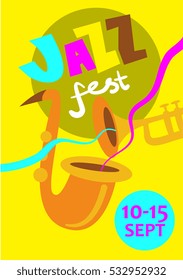 Jazz music festival colorful poster with date. Saxophone and trumpet musical instruments cartoon vector illustrations. For live concert, musical band performance tickets, flyer or banner design