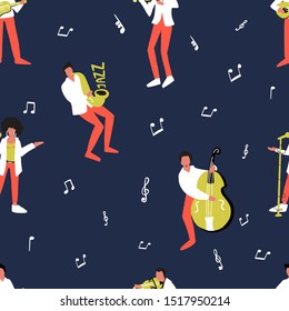 Jazz music festival concept. Live music  event. Seamless vector pattern. People play jazz music. Saxophone, violin, accordion, guitar.