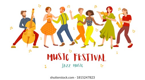 Jazz Music Festival concept with musicians and diverse couples dancing isolated on white, colored vector illustration