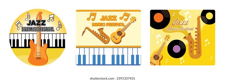 Jazz music festival design with combination of guitar and piano. Jazz music festival advertisement. Beautiful music and songs. Poster or banner for music festival. Set flat vector modern illustration 