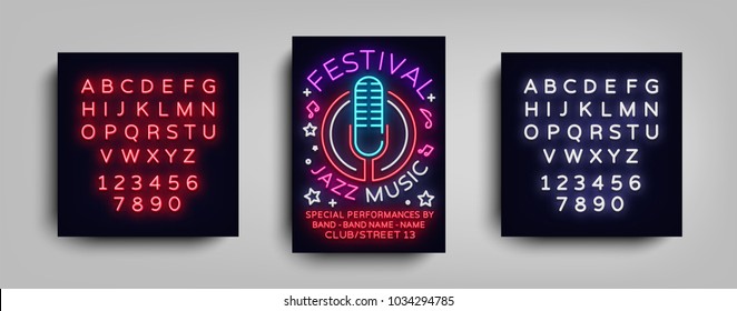 Jazz Music Festival Design Template Typography in Neon Style. Neon Sign, Bright Advertising, Flyer Invitation to the Party, Festival, Jazz Music Concert. Vector illustration. Editing text neon sign