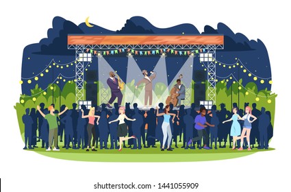 Jazz music festival flat vector illustration. Night retro concert in park. Open air live performance. People having fun at jam session. Rock-n-roll party. Musicians and spectators cartoon characters