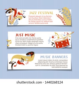 Jazz music festival hand drawn vector banner template set. Colored concert, performance poster. Saxophone cartoon sketch, drawing. Just music colorful, creative flyers with copyspace