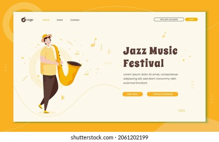 Jazz music festival illustration, A man blows saxophone on landing page design 
