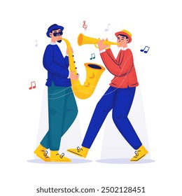 Festival de música de Jazz, Concierto instrumental, Dos hombres tocando la trompeta y el saxofón, Ilustración vectorial