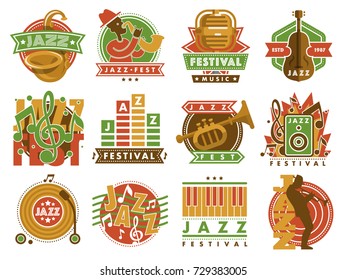 Jazz music festival label with saxophone wind instruments musician fest and microphone badge vector illustration.