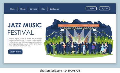Jazz music festival landing page vector template. Night retro party website interface idea with flat illustrations. Rockabilly fest homepage layout. Night scene web banner, webpage cartoon concept