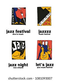 Jazz music festival logo set. Naive shabby style. 2d vector illustration