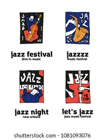 Jazz music festival logo set. Naive shabby style. 2d vector illustration