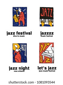 Jazz music festival logo set. Naive shabby style. 2d vector illustration