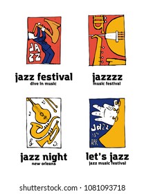 Jazz music festival logo set. Naive shabby style. 2d vector illustration
