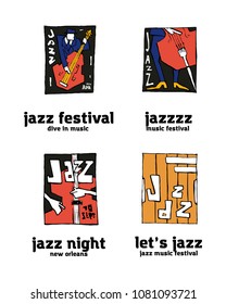 Jazz music festival logo set. Naive shabby style. 2d vector illustration