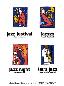 Jazz music festival logo set. Naive shabby style. 2d vector illustration