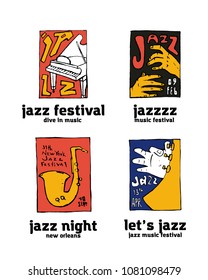 Jazz music festival logo set. Naive shabby style. 2d vector illustration