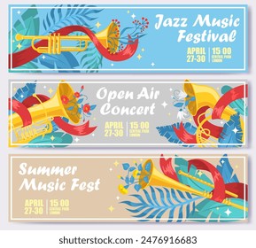 Jazz music festival, open air concert, summer fest advertising banners set