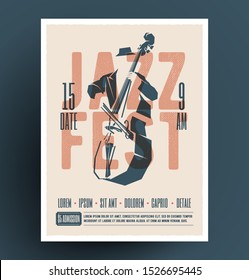 Jazz music festival or party or live music event flyer or advertising promo poster design template with jazz double bass player and jazz fest caption. Vintage music flyer. Vector illustration.