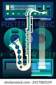 Afiche del festival de música de jazz. Tapa de cosecha abstracta con saxofón. Invitación a un evento o fiesta con instrumentos musicales. Volante retro al estilo de los años 90. Diseño para impresión. Dibujo vectorial plano de dibujos animados