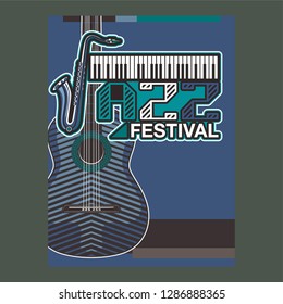 Jazz music festival, poster background template. Keyboard with music notes. Flyer Vector design