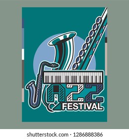 Jazz music festival, poster background template. Keyboard with music notes. Flyer Vector design