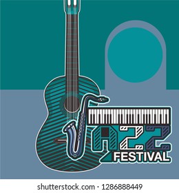 Jazz music festival, poster background template. Keyboard with music notes. Flyer Vector design