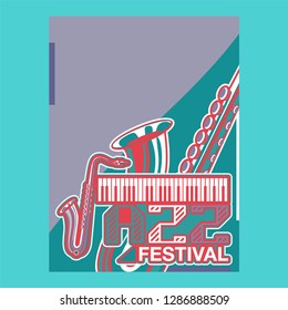 Jazz music festival, poster background template. Keyboard with music notes. Flyer Vector design