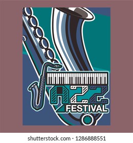 Jazz music festival, poster background template. Keyboard with music notes. Flyer Vector design