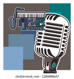 Jazz music festival, poster background template. Keyboard with music notes. Flyer Vector design