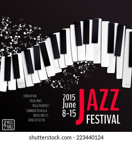 Jazz music festival, poster background template. keyboard with music notes. Layers (background, texture, keyboard, text). Vector design. 