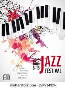 Jazz Music Festival, Poster Background Template. Keyboard With Music Notes. Layers (background, Texture, Keyboard, Text). Vector Design. 