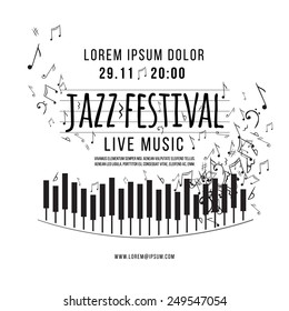 Jazz music festival, poster background template. keyboard with music notes. Layers (background, texture, keyboard, text). Vector design.