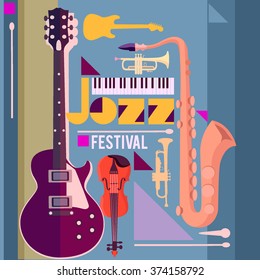 Jazz music festival, poster background template with musical instruments.
