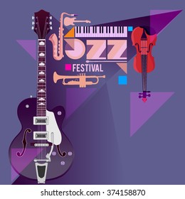 Jazz music festival, poster background template with musical instruments.
