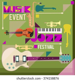 Jazz music festival, poster background template with musical instruments.