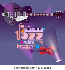 Jazz music festival, poster background template with musical instruments.