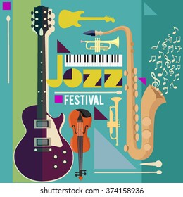 Jazz music festival, poster background template with musical instruments.