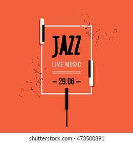 Jazz music festival, poster background template. Keyboard with music keys. Flyer Vector design.