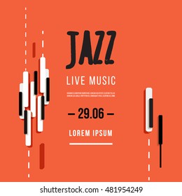 Jazz music festival, poster background template. Keyboard with music keys. Flyer Vector design.