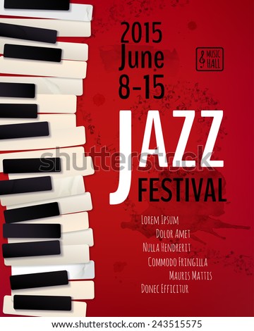 Jazz music festival, poster background template. Keyboard with music notes. Flyer Vector design. 