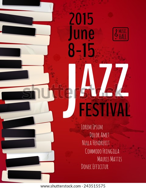 Jazz music festival, poster\
background template. Keyboard with music notes. Flyer Vector\
design. 